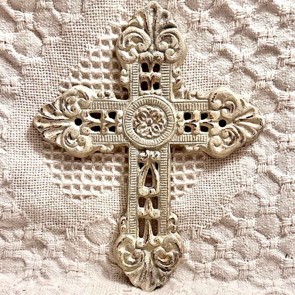 Vtg Ornate Cast Iron Wall Cross Beige & Gold Rustic Finish